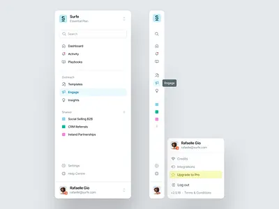 Dual-tier sidebar navigation — Surfe UI clean ui dashboard design system menu minimal minimalism nav navbar navigation product design side menu side nav sidebar sidebar navigation sidenav ui design user interface web app