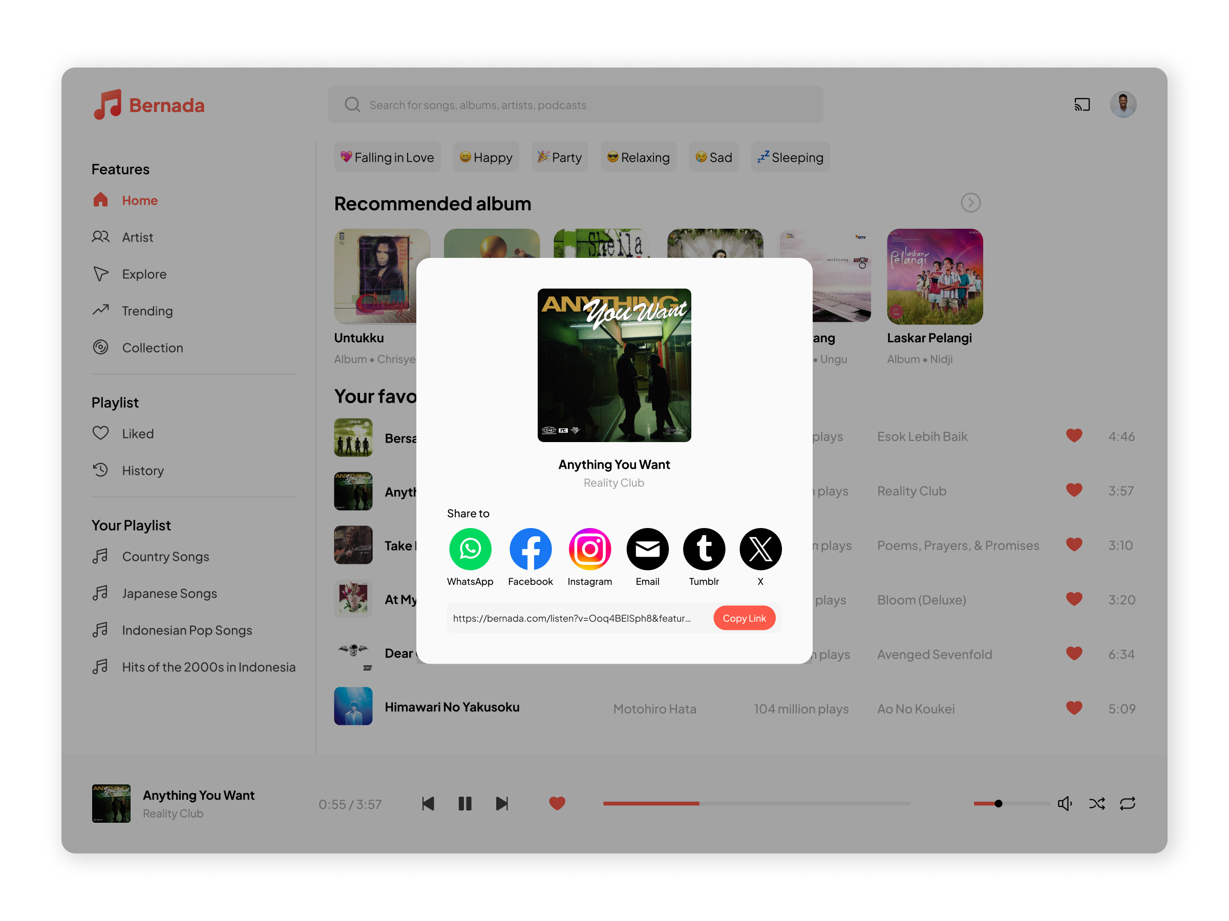Share Song to Social Media bernada design music music app share sharing social media ui ui design ux ux design website