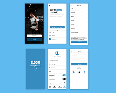 Bloom Gym Community App Design app design app icon design branding figma graphic design gym app interactive design logo mobile app mobile app design mobile ui design ui user experience ux
