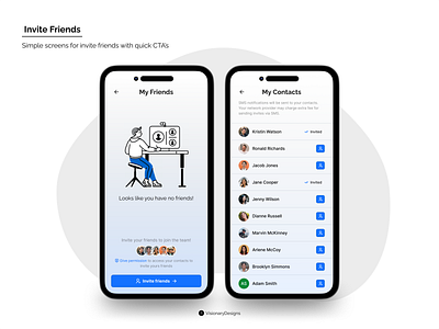 Invite Friends app branding button cards components contacts cta design empty figma friends graphic design illustration invite listing mobile sms typography ui user