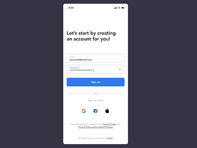 Mobile App Login Page with support for Social ID Sign Up app design figma login login page mobile app mobile login page onboarding sign up sign up page social login ui user experience ux wireframe
