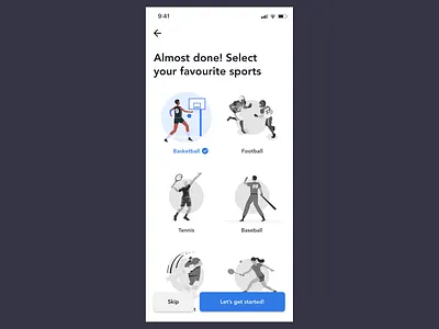 Onboarding Selection Workflow app design figma login onboarding select items sign up sports app ui user experience ux wireframe