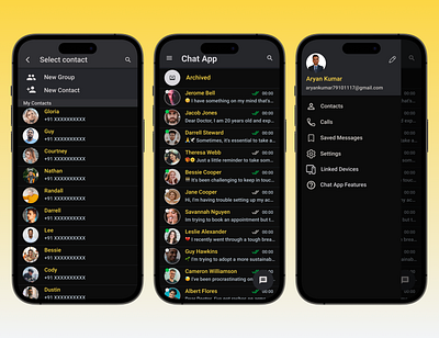 Chat App UI app design black chat chat app chat app ui figma message mobile app design product design social media ui ui design uiux uiux design ux ux design yellow