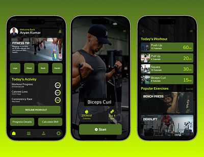 Fitness App UI app design black figma fitness fitness app green gym gym app mobile app design product design ui uiux ux