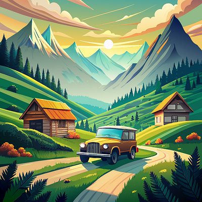 Driving On The Mountain graphic design illustration