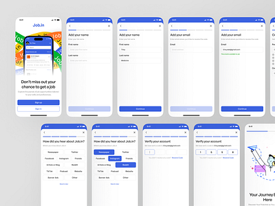 Job.in - Sign up Flow app app design confirm email design hiring job job board job finder login mobile mobile kit onboarding portfolio recruitment sign up signin up splash screen ui kit vacancy work