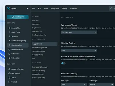 Elipsee - Code Editor Dashboard (Configuration) app design code code editor code tools configuration dark dashboard desktop desktop app develop app development editor saas setting snippet tech ui userinterface