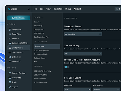 Elipsee - Code Editor Dashboard (Configuration) app design code code editor code tools configuration dark dashboard desktop desktop app develop app development editor saas setting snippet tech ui userinterface