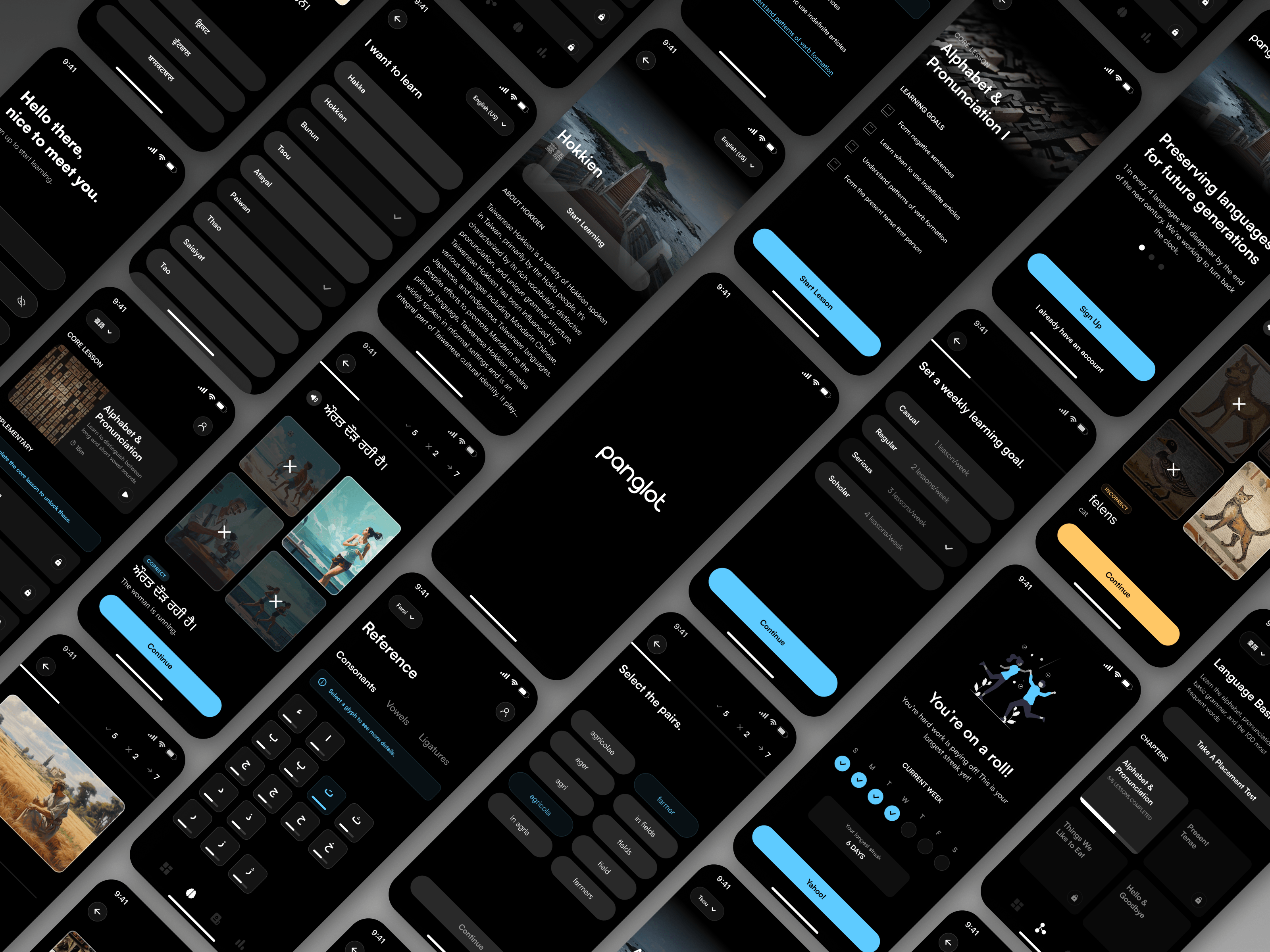Panglot - Preserving languages for future generations app app design clean dark dark mode dark ui edtech educational learning minimal mobile mobile app product design school ui ui design uiux ux