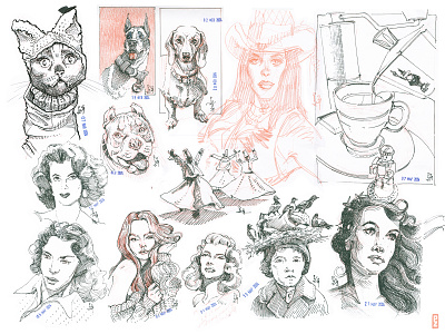 Some ink drawings from '24 [ink] crosshatching dogs drawing etching illustration ink portrait sketch sketchbook traditional art