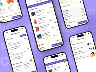 Grocery E-commerce Checkout flow address buttons cart checkout coupon ecommerce grocery mobile app navigation pricing summary ui user experience ux