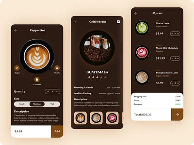 Café Shop Mobile App app application brown theme cafe cafe app cafe shop chocolate coffee coffee shop coffee bean design designer figma freelancer latte mobile app mobile design mocha starbucks ui