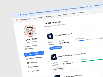 Bangkit Dashboard bangkit clean dashboard ilt learning progress shcedule ui ux web web design