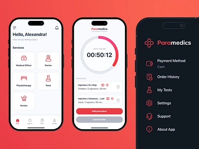 Paramedics - UX/UI Design for Medical App app catalog doctors list main medicine menu paramedic procedures timer ui user ux