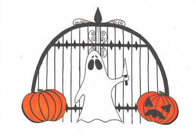 Pumpkin carving at the cemetery gates graphic design illustration