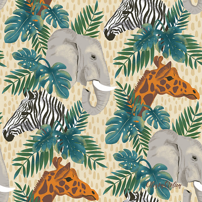 Out on Safari design drawing challenge elephant female illustrator giraffe hand drawn illustration procreate safari seamless pattern zebra