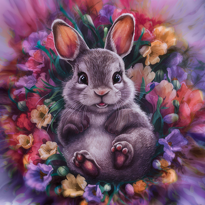 Floral Whimsy: Bunny's Garden Delight 3d elements. animation cinematic quality hyperrealistic illustration kawaii style painting photo poster