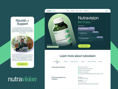 Design of a website for selling vitamin supplements. Nutravision 3d colorful design creative design font pair green website health hero screen logo medicine pharmacy product page responsive design selling design shop page ui vision. vitamin supplements web design web designer website design