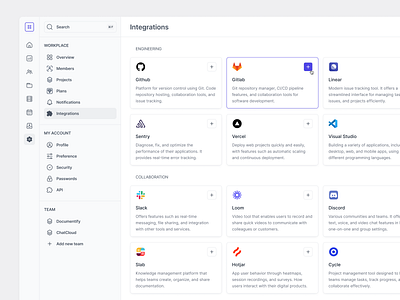 Integrations Browser/Settings add ons app browser desktop hover integration menu modal product design setting simple design ui ui design ux ux design web design