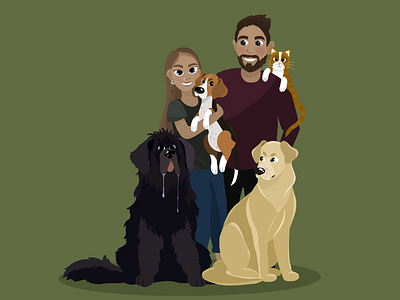 Family Portrait/ The Six animalportrait animals beagle cat family familyportrait illustration labrador newfoundland pet zoo