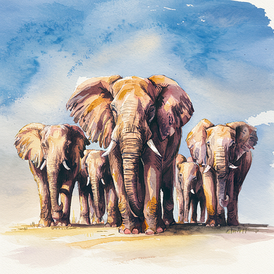 Majestic Harmony: Elephants in Azure Splendor 3d elements. animation artisticwonder cinematic quality design illustration painting