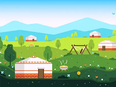 2024 Nawruz landscape illustration affinity designer flat design holiday kazakhstan landscape landscape illustration nature nawruz scene spring vector yurt