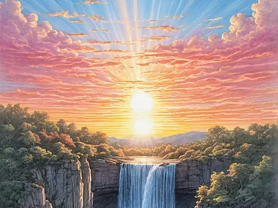 fantastic summer sky and waterfall design graphic design il illustration