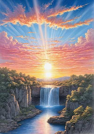 fantastic summer sky and waterfall design graphic design il illustration