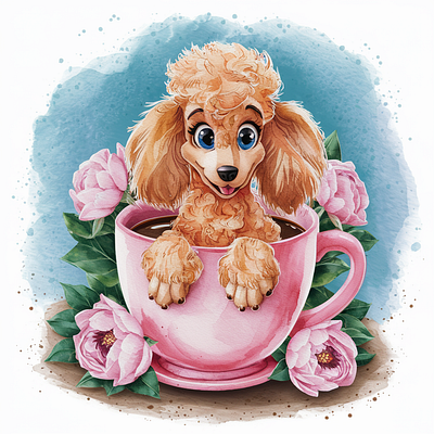 Pawsitively Poodle-licious: A Cup of Cuteness 3d elements. animation artisticwonder cinematic quality design illustration painting
