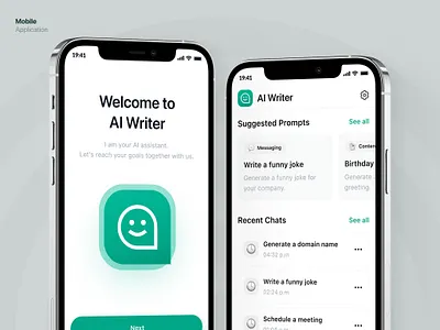 AI Writer Assistant App ai ai chat app applic application assistant chat chatbot dashboard helper ios login prompt registration settings text ui user interface ux writer
