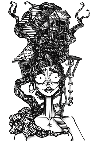 A Woman's House big eyes blackandwhite house illustration lady procreate