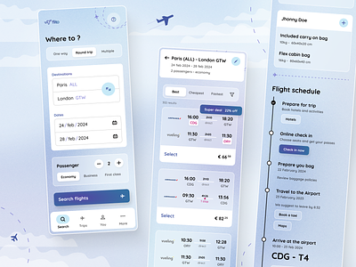Flito - Flight booking - Mini UI kit booking app flight glassmorphism mobile app ticket app ui kit