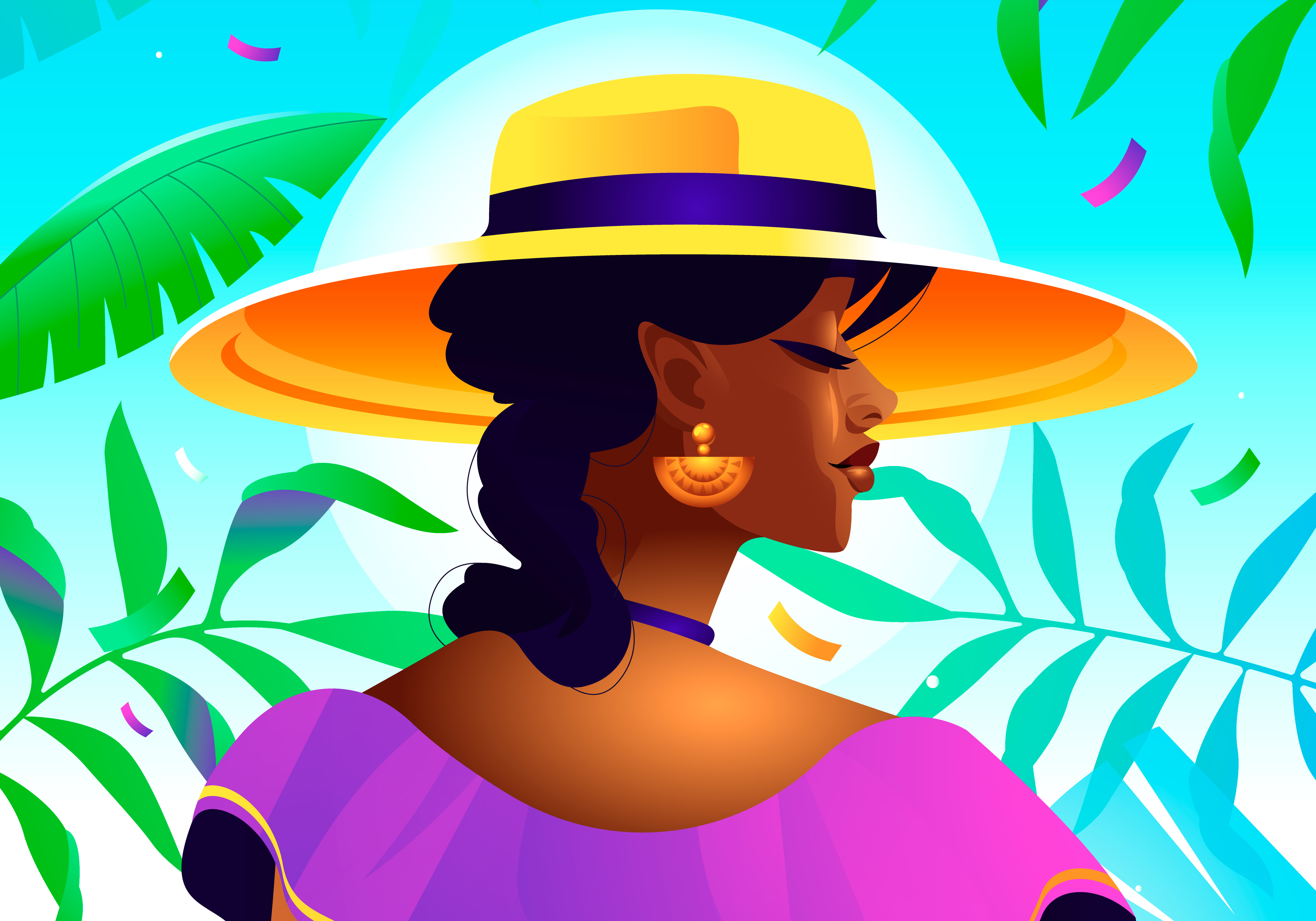 Latin Woman Illustration beautiful brunette character design cumbia dress freepik girl gradient hat latin latina music party plants samba sexy sky sun woman