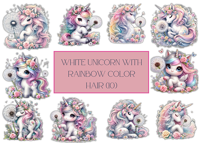 White unicorn with rainbow color hair(10) cute cute animal cute unicorn design funny animal graphic design illustration unicorn white unicorn