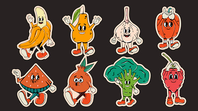 Fruit stickers 60s berry cartoon design drawn fruit groovy hand icons illustration isolated retro stickers vegetables vintage