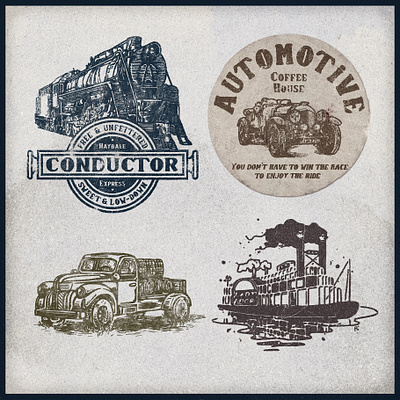 Transportation to the Past badge buggy car ephemera gambling industrial locomotive old fashioned old times past retro riverboat steam engine steamboat texture train transportation truck vintage whiskey