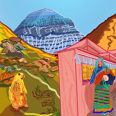 Kailash mountain/Kangrinboqe Peak with gopher and ethnic person art illustration sketchbook sky