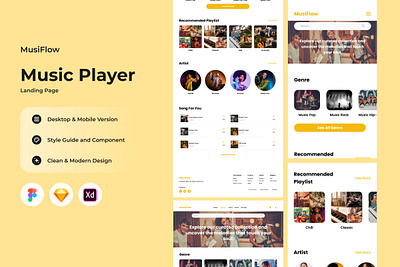 MusiFlow - Music Player Landing Page V2 application buttons enjoy landing layout listen music musician page play player radio song sound website