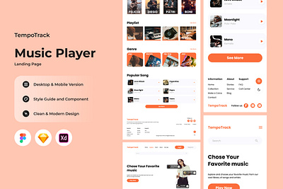 TempoTrack - Music Player Landing Page V2 application buttons enjoy landing layout listen music musician page play player radio song sound website