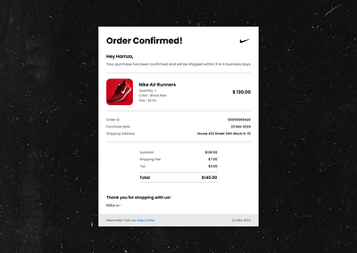 I designed Purchase Receipt for my Daily UI # 017 confirm order page dailyui design figma nike ui order page purchase receipt ui ui designer uiux user interface ux web design website design