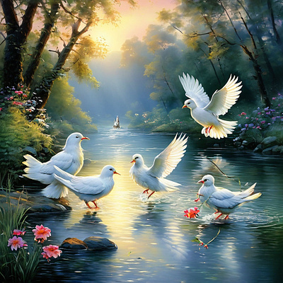 Five pretty birds playing in the river birds design illustration