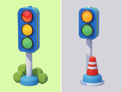 Traffic Light Cartoon Illustration 3d cartoon cute green icon illustration orange pastel red rendering road cone traffic light