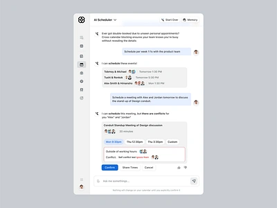 AI Scheduler ai calendar ai chat icons meeting conflict sidebar ui ux web app design