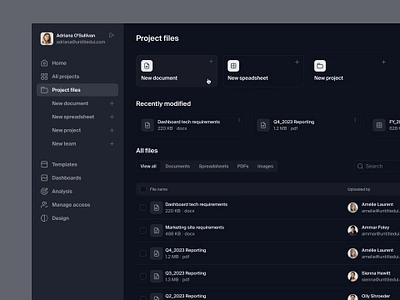 Project files — Untitled UI dark mode dark theme dark ui darkmode dropbox figma file management minimal nav navigation product design project management side navigation sidebar sidenav table ui ui design user interface ux design