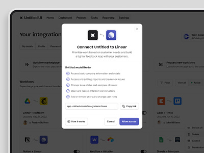 Connect integration modal — Untitled UI confirmation modal dashboard settings integration linear minimal minimalism modal product design settings ui design user interface web app