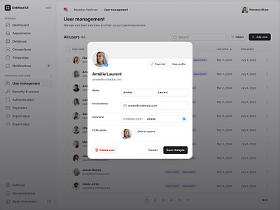 Edit user modal — Untitled UI confirmation modal edit user form minimal minimalism modal modal form modern ui pop up popup product design settings table ui design user interface user profile