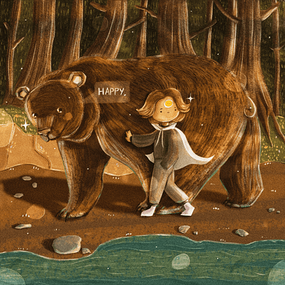 HAPPY. 2d animals bear childrens illustration friendship illustration nature wood