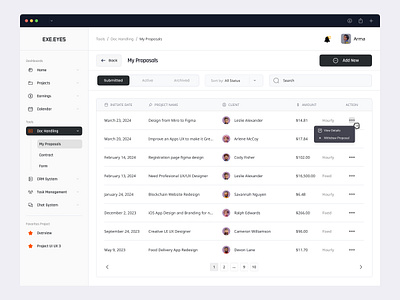 My Proposals Dashboard Table app celan clean client dashboard data freelance menu navbar project projects proposals side menu table ui ui design ux web website