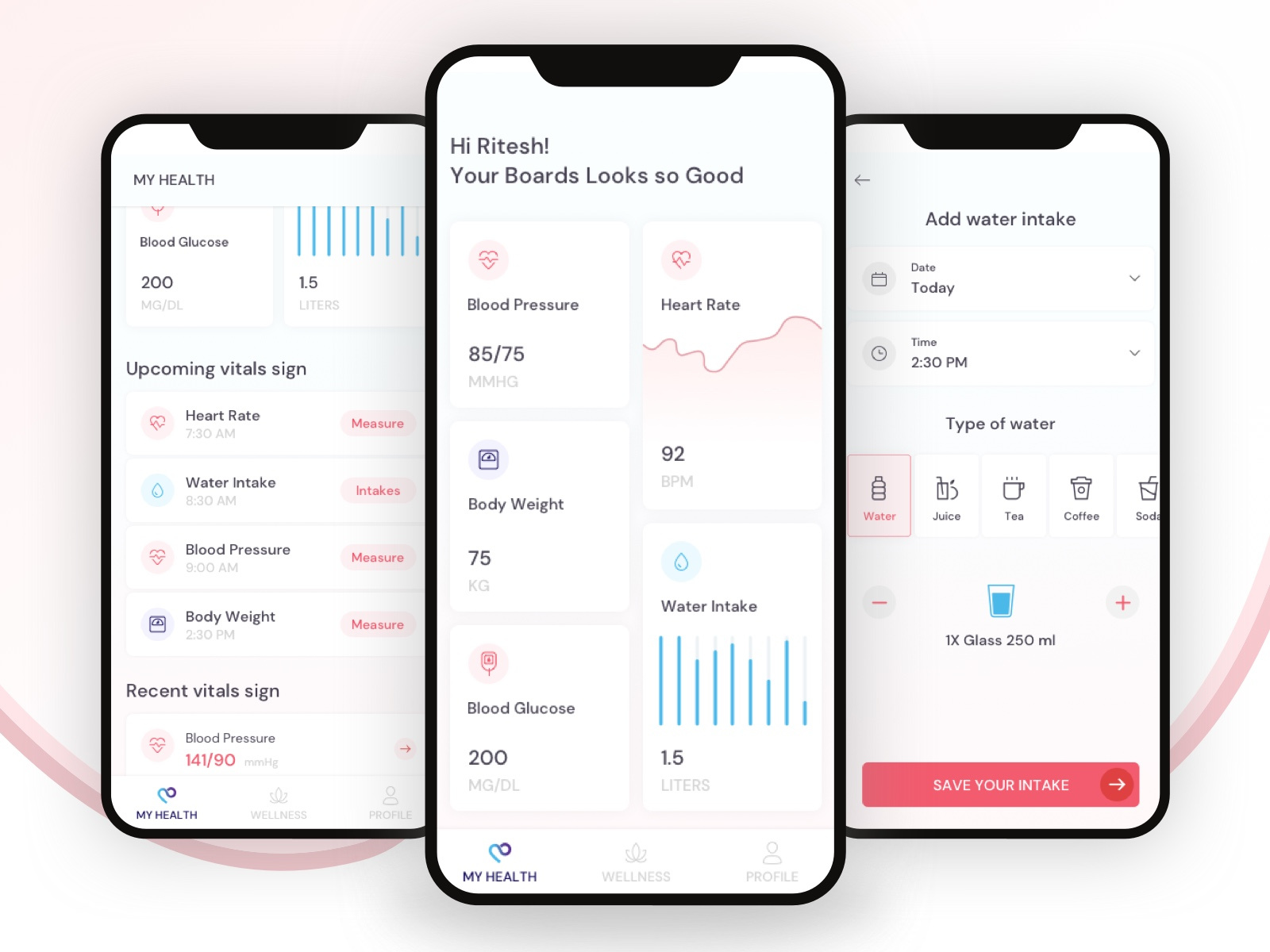 Health Tracker App blood pressure glucose health app health care health dashboard health record health tracker health tracker mobile app heart rate mobile app mobile health dashboard mockup my health recent vital sign ui upcoming vitals sign ux visual design vitals water intakes
