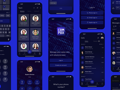 Design concept for the CRM mobile app app contacts crm crm application customers dark blue dark mode dial interface design ios app log in log in with phone messages mobile app mobile application new contact phone call team texts ui